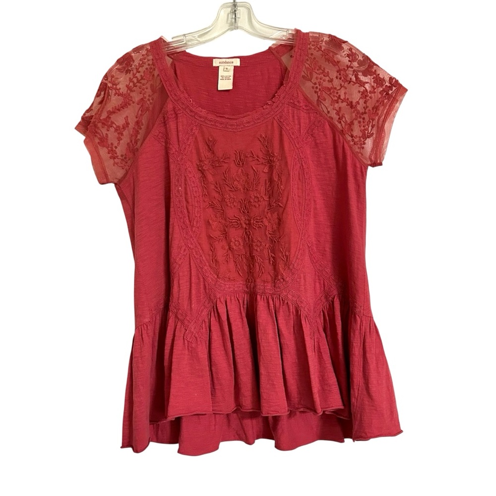 Sundance Crimson Boho Embroidered Blouse lace insert